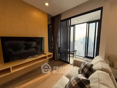Modern living room with city view and spacious balcony in high-rise apartment