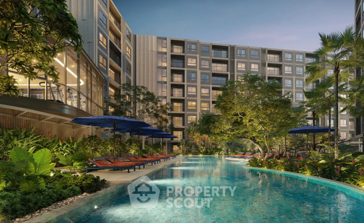 Luxurious condominium with stunning pool and lush garden view