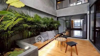 Modern indoor garden with seating area and lush greenery