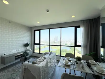 Modern living room with panoramic city view and elegant decor