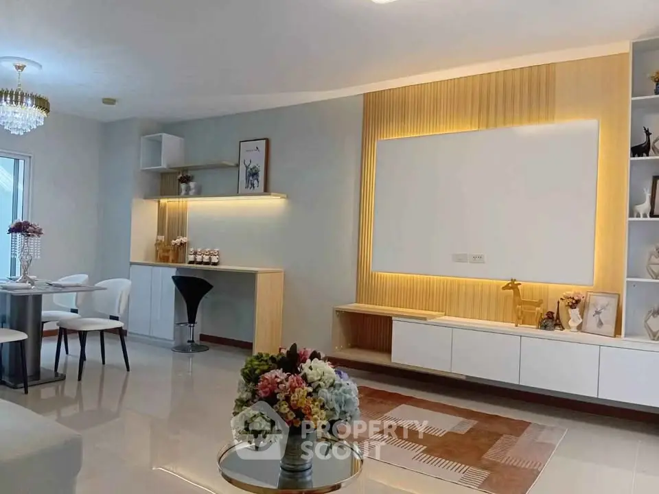 Elegant modern living room with stylish decor and ambient lighting