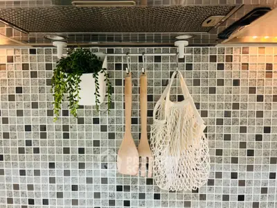 Modern kitchen backsplash with hanging utensils and plant for stylish decor