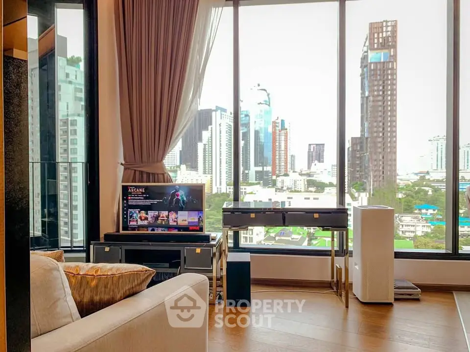 Luxurious living room with stunning city view and modern entertainment setup.