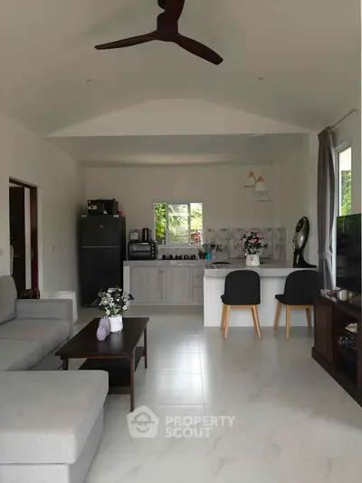 Modern open-layout living room with kitchen, featuring sleek furniture and natural light.