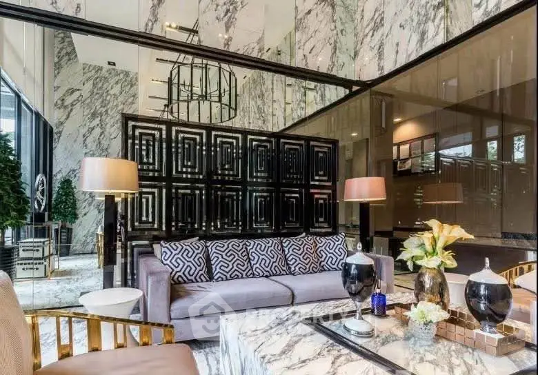 Luxurious modern living room with marble accents and elegant decor