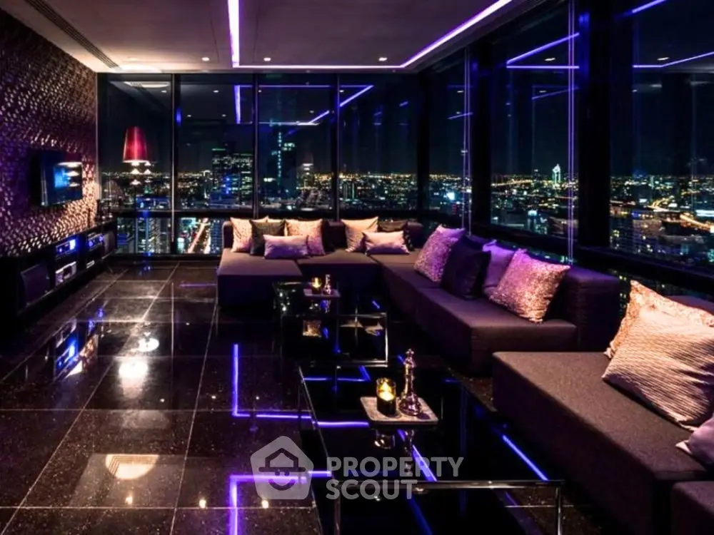 Luxurious modern living room with stunning city skyline view and ambient lighting.