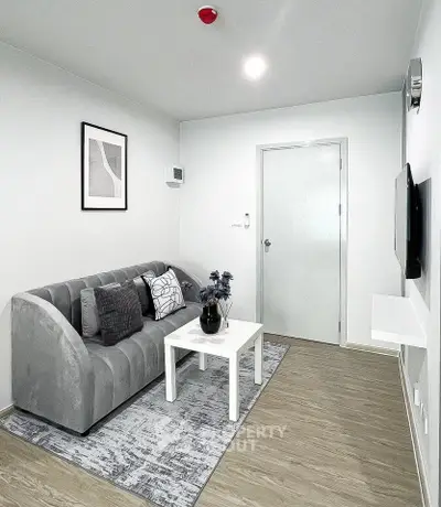 Modern living room with sleek gray sofa, stylish decor, and wall-mounted TV in a cozy apartment.