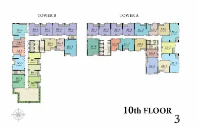 Detailed floor plan of 10th floor in residential towers A and B with unit layouts.