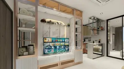 Modern living room with stylish TV unit and open kitchen layout in contemporary apartment.