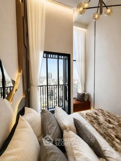 Luxurious bedroom with city view and elegant decor in high-rise apartment.