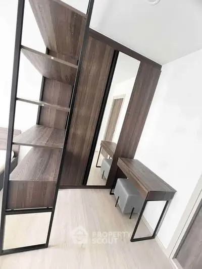 Modern bedroom with sleek wooden furniture and minimalist design