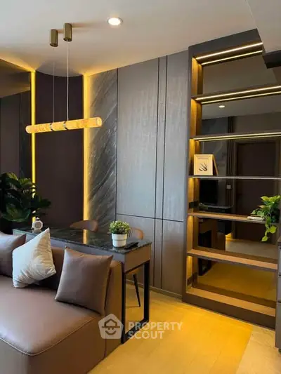 Modern living room with stylish decor and built-in shelving