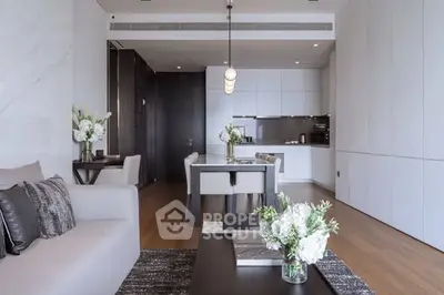 Luxurious modern living room with open kitchen and elegant decor