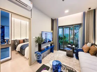 Modern living room with stylish decor and garden view balcony