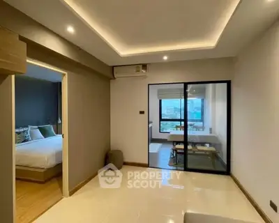 Modern apartment interior with open layout and city view