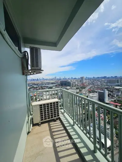Stunning high-rise balcony with panoramic city skyline view, perfect for urban living enthusiasts.