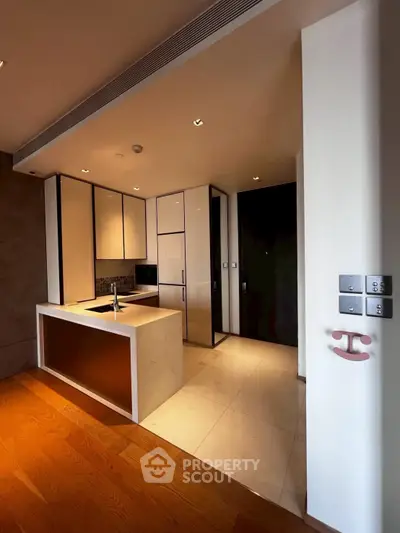 Modern kitchen with sleek cabinetry and open layout in luxury apartment