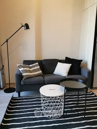 Modern living room with stylish sofa and chic coffee tables on a striped rug.