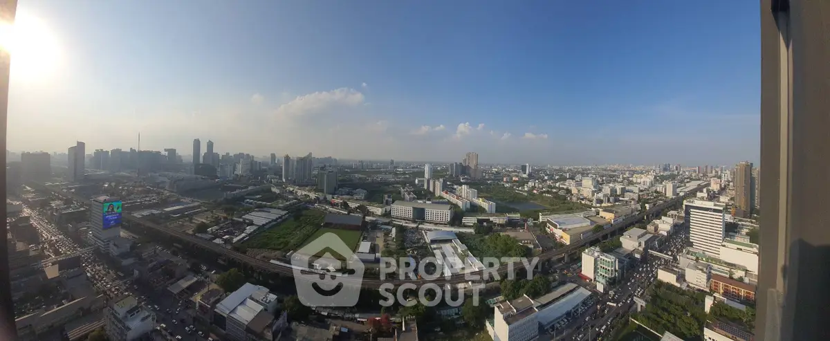 Stunning panoramic cityscape view from high-rise building showcasing urban skyline.