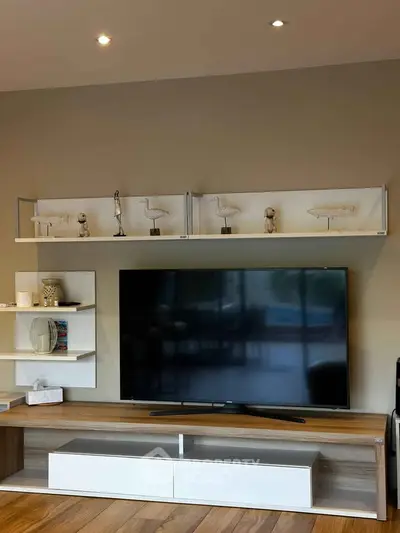 Modern living room with sleek TV unit and decorative shelving