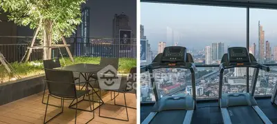Luxurious rooftop garden and gym with stunning city views in modern high-rise building.