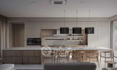 Luxurious modern kitchen with sleek design and open layout, featuring elegant lighting and high-end appliances.