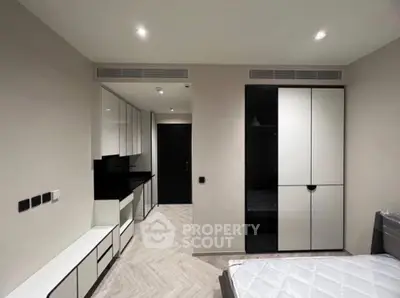 Modern bedroom with sleek built-in storage and minimalist design