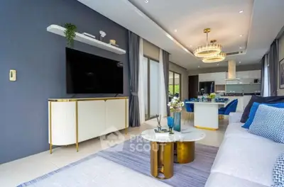 Luxurious modern living room with elegant decor and open kitchen layout