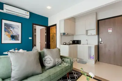 Modern living room with stylish kitchen in open layout apartment