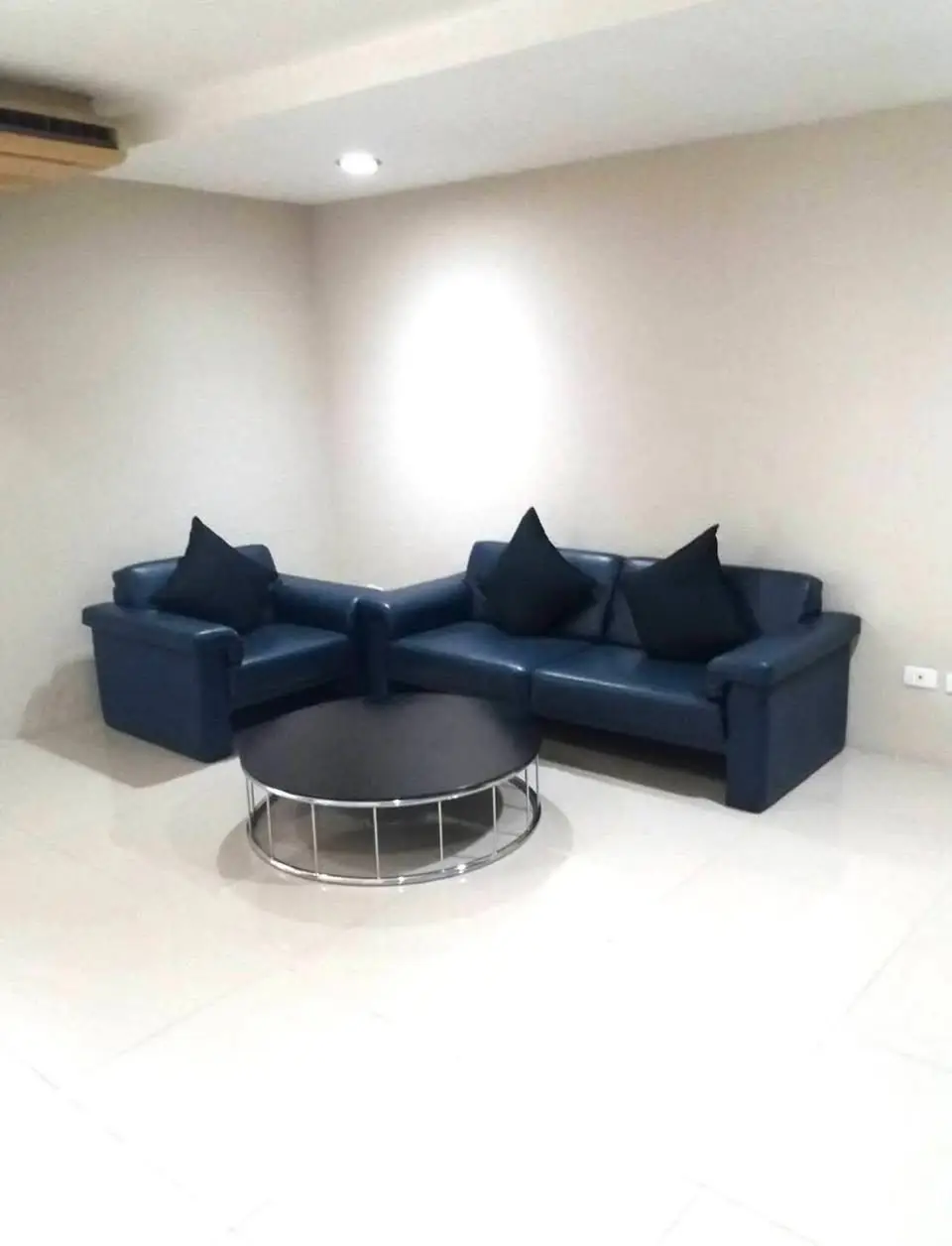 Modern living room with sleek blue leather sofas and round coffee table