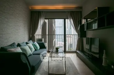 Modern living room with stylish decor and city view from balcony.