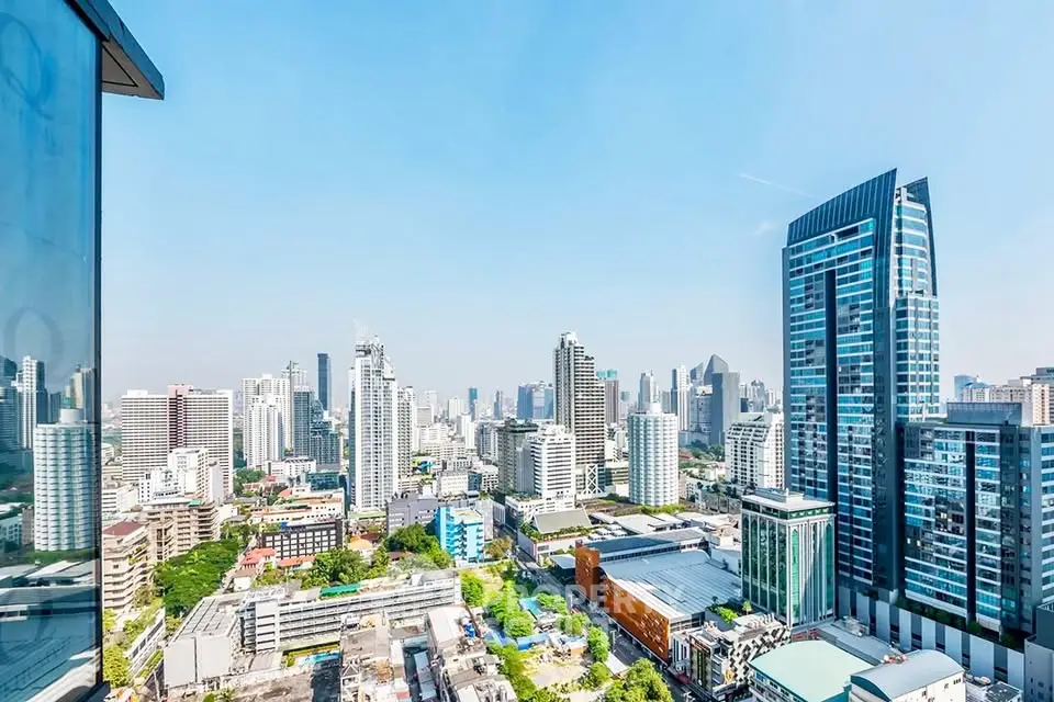 Stunning cityscape view from a high-rise building showcasing modern architecture and vibrant urban life.