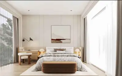 Luxurious modern bedroom with large windows and elegant decor