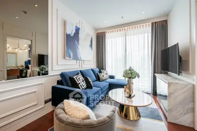 Luxurious modern living room with elegant decor and large window view