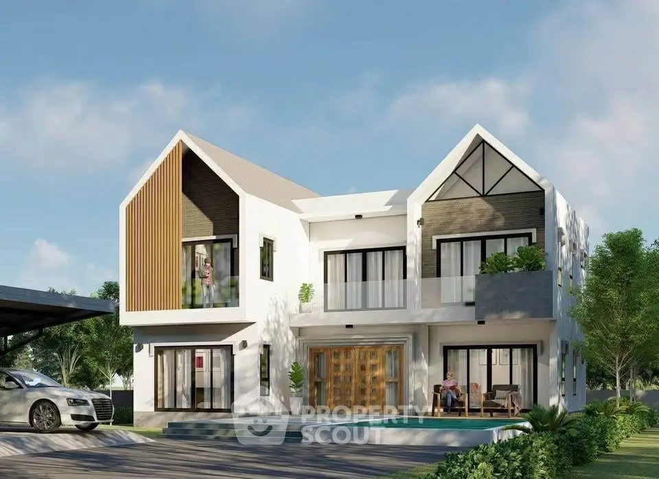 Modern two-story house with large windows and stylish facade, surrounded by lush greenery and a sleek car parked outside.