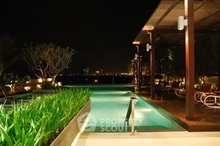 Luxurious rooftop pool with stunning night city view and elegant design.