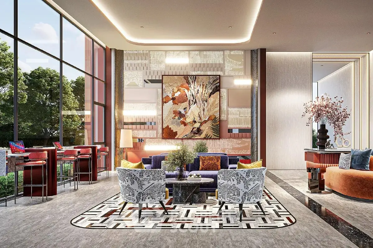 Luxurious modern living room with elegant decor and large windows offering scenic views.