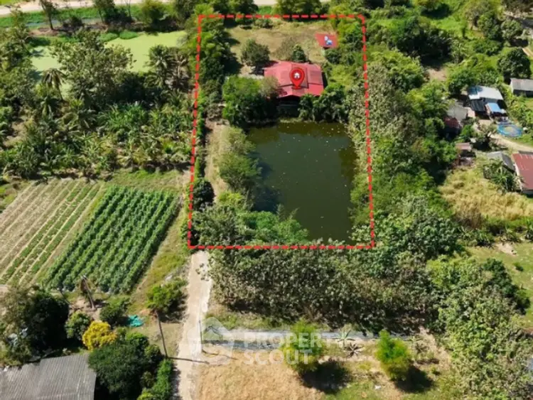 Aerial view of a serene property with lush greenery and a private pond, ideal for nature lovers.