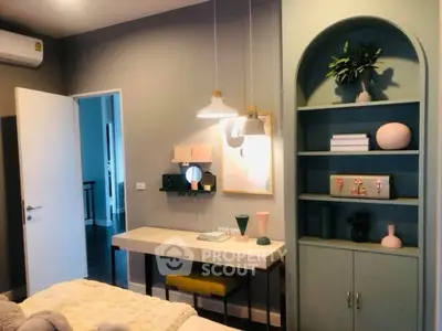 Chic bedroom with modern decor and stylish shelving unit