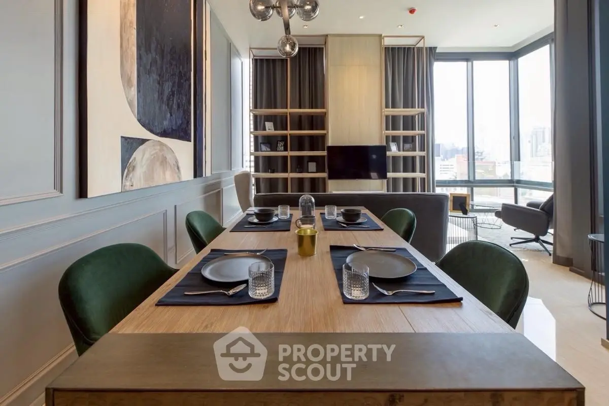 Luxurious modern living room with dining area and stunning city view, perfect for urban living.