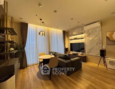 Luxurious modern living room with elegant decor and ambient lighting