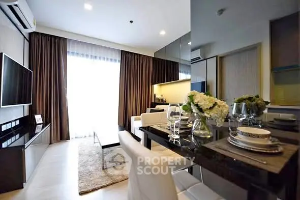 Modern living room with elegant dining area and large window view.