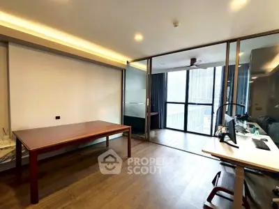 Spacious modern study with city view and elegant wooden flooring