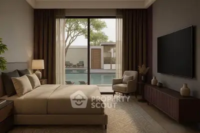 Luxurious bedroom with pool view, elegant decor, and large TV, perfect for relaxation and comfort.