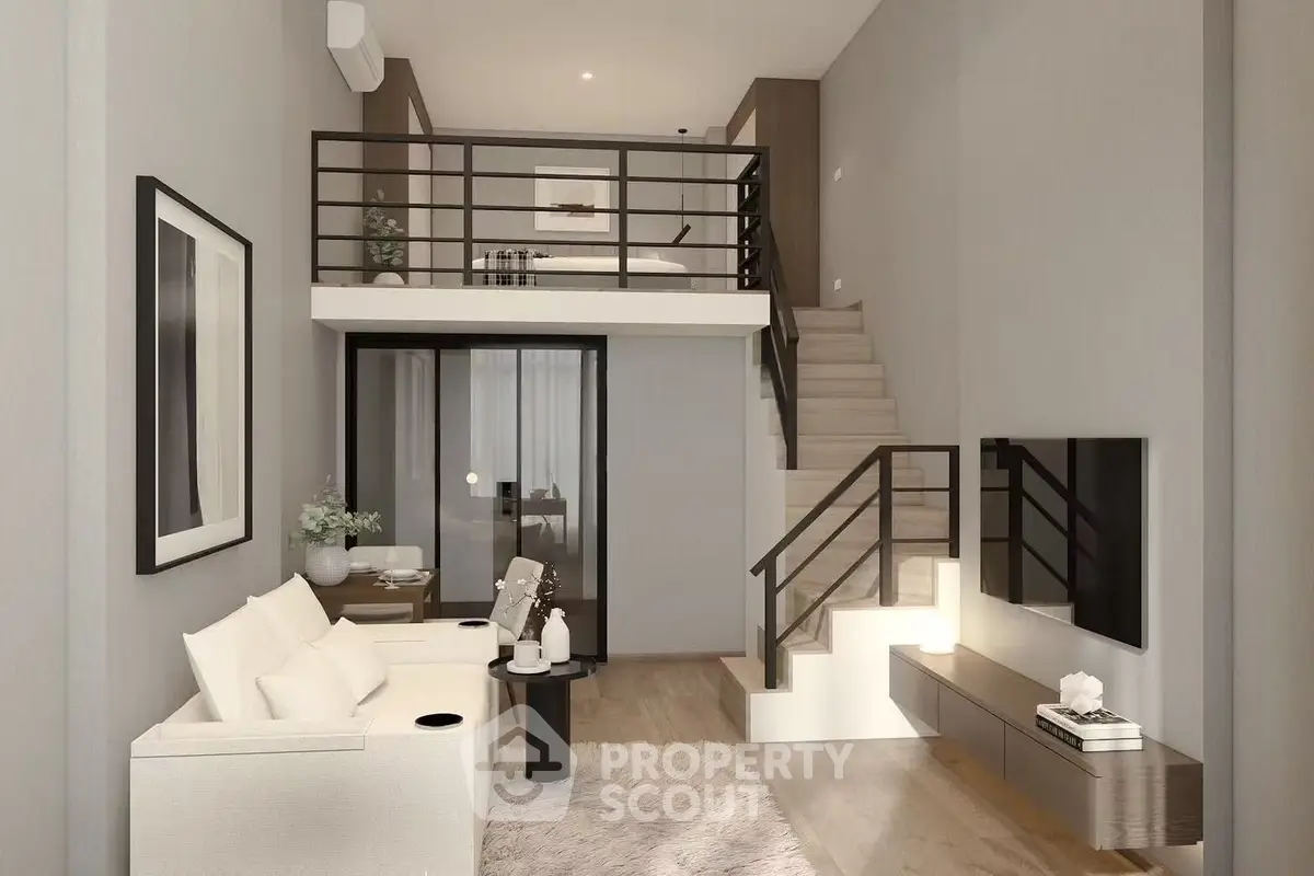 Modern loft-style living room with mezzanine, sleek furniture, and elegant decor