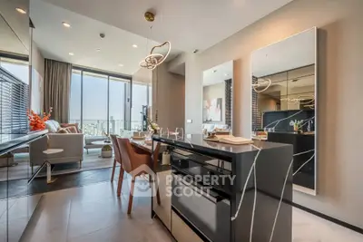 Luxurious modern living room with open kitchen and stunning city view