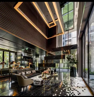 Luxurious modern living room with high ceilings and elegant decor