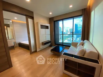 Modern living room with city view and elegant wooden flooring