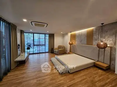 Spacious modern bedroom with large windows and stylish decor