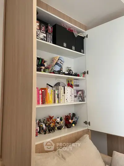 Stylish storage cabinet with books and collectibles in modern living space.